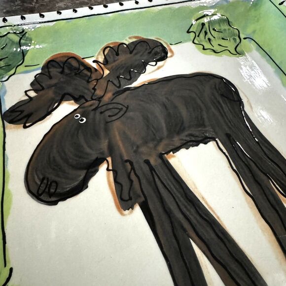 Artables Canada Dinner Plate Hand-Painted Square Ceramic Whimsical Moose - Picture 3 of 7